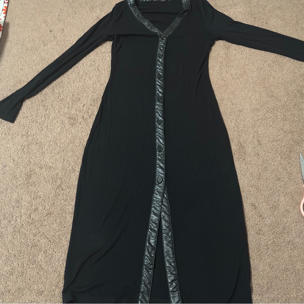 Black Midi ribbed and faux leather lined midi dress